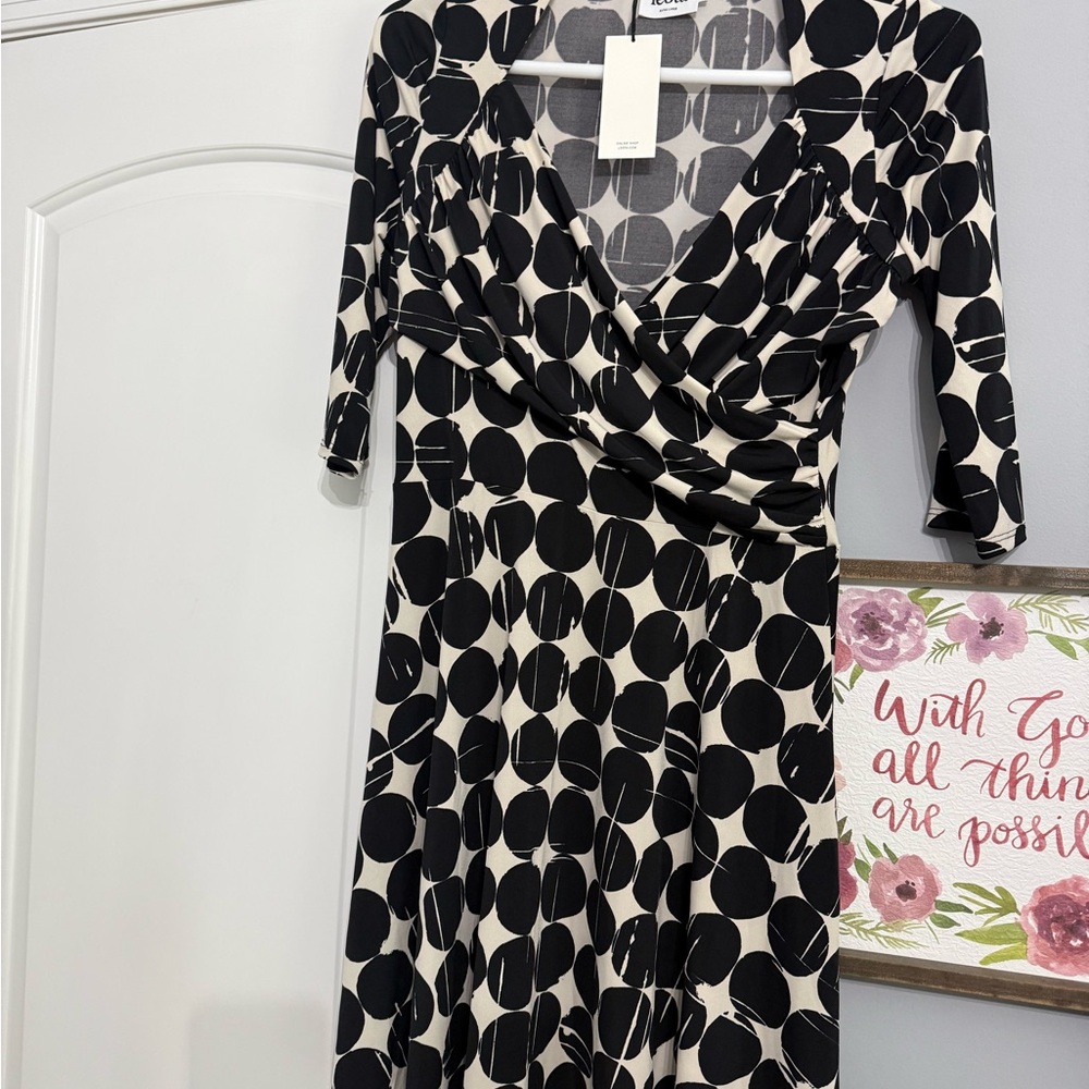 Leota Black and Cream Polka Dot Midi Wrap Dress